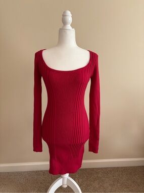 bebe Red Ribbed Long Sleeve Bodycon Dress
